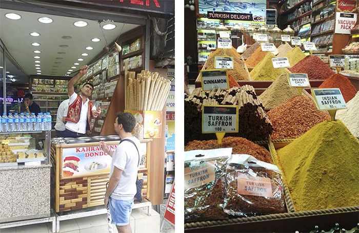 O jeito turco de servir sorvete e um pouco das especiarias encontrado nos mercados da cidade | Foto por Pedro Henrique Ferreira